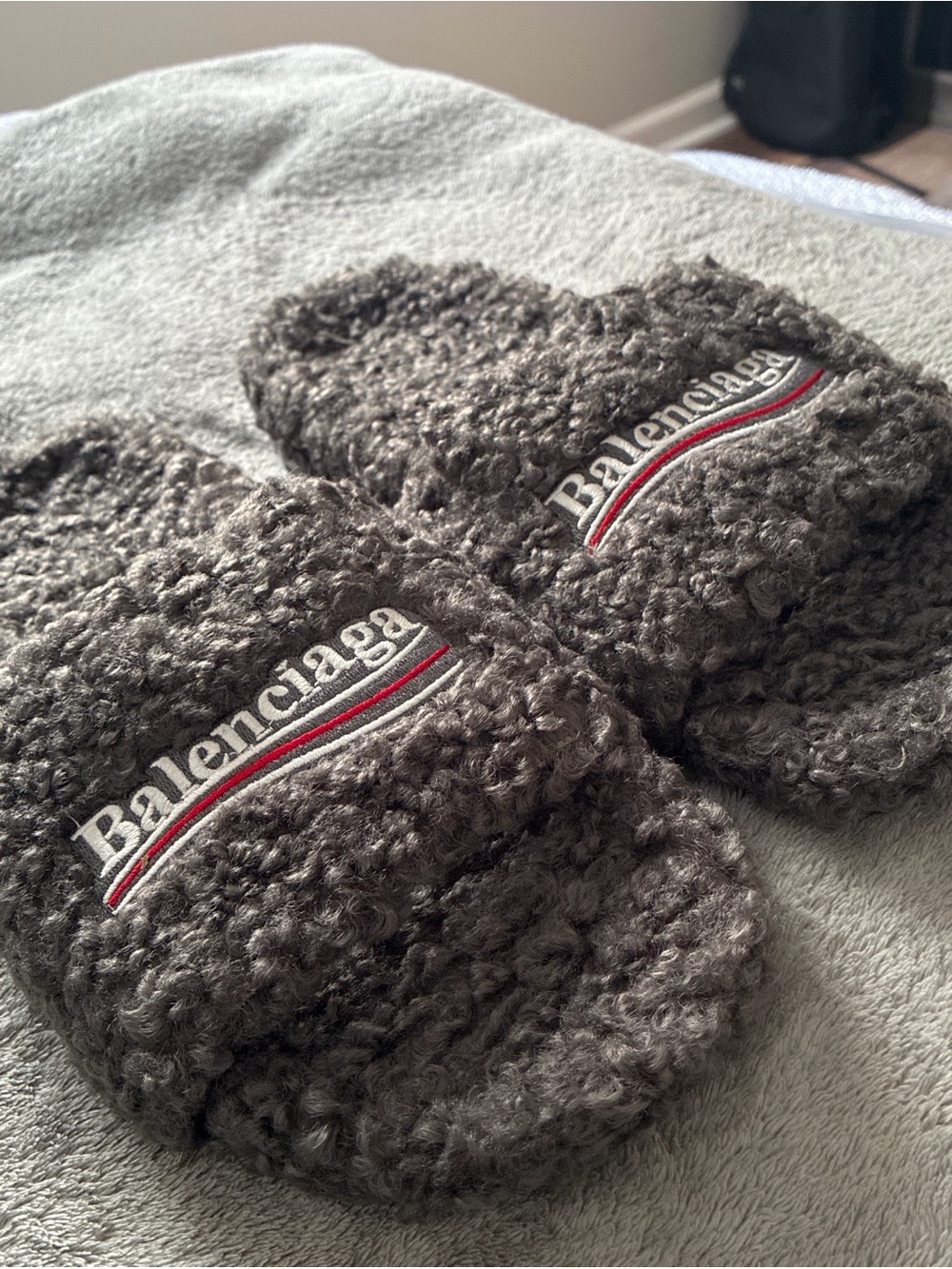 Balenciaga gray fur slides